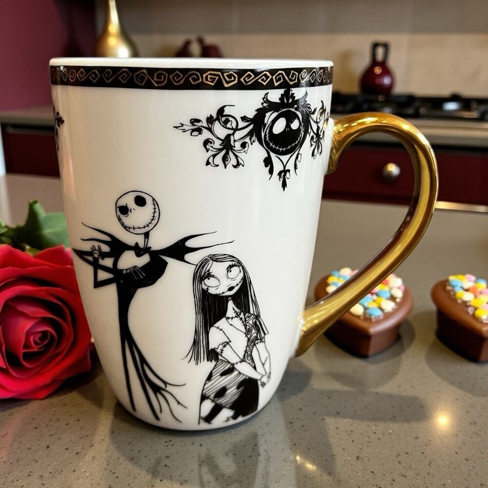 Nightmare Before Christmas Jack & Sally Mug Black White Gold Handle Gothic NWT